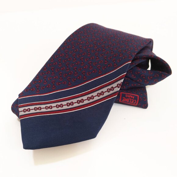 Celine Paris Silk Tie Men's Designer Tie 100% Silk Tie Multicolored Navy Red - Picture 2 of 5